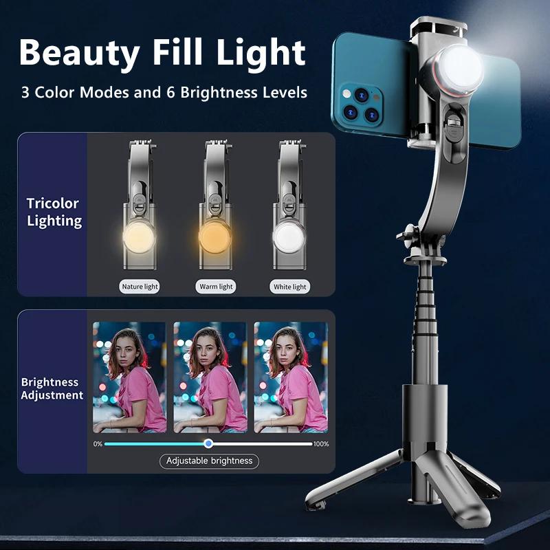 Trépied perche à Selfie stabilisateur de cardan avec lumière de remplissage Bluetooth sans fil exten
