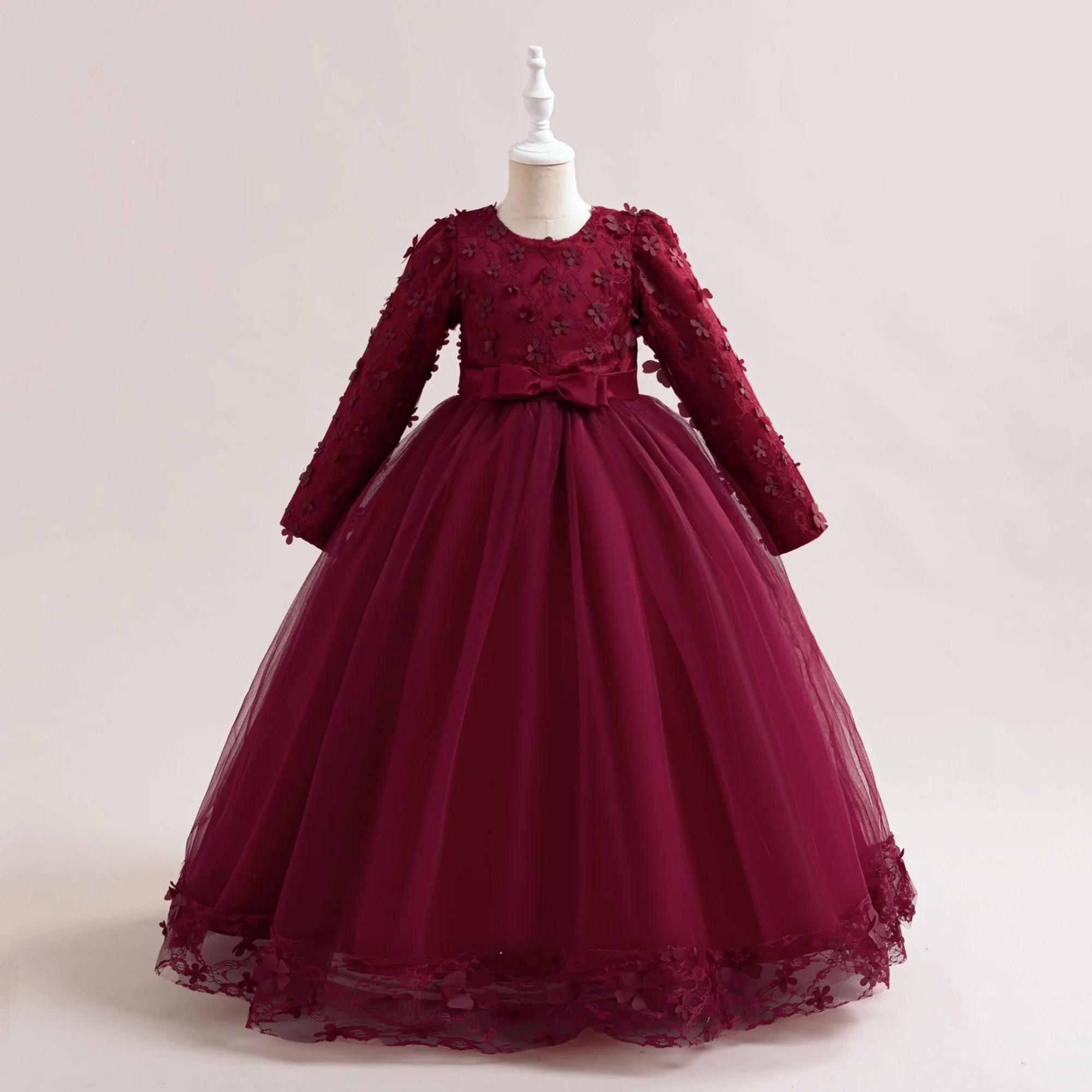 Robe de demoiselle d'honneur à manches longues pour filles, costume de Noël pour enfants, nœud en de
