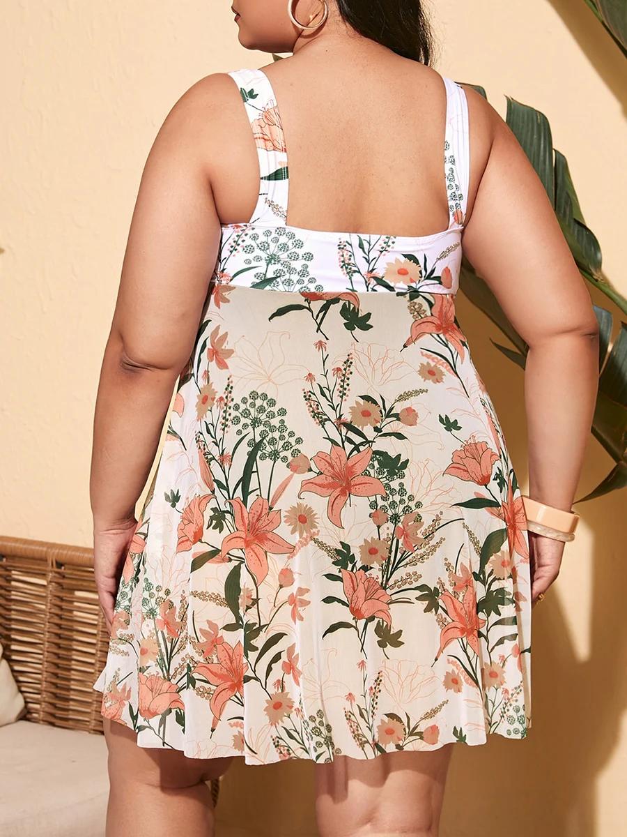Grande taille plante imprimé ourlet à volants une pièce maillot de bain Plus maillots de bain femmes