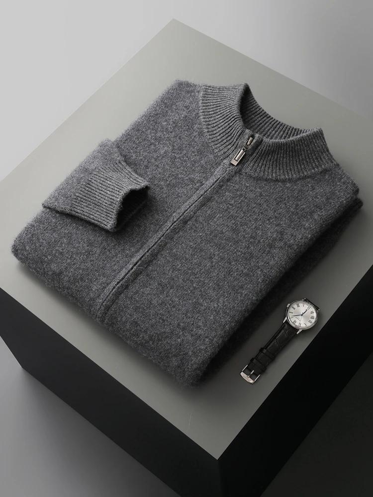 Cardigans en tricot pour hommes, 100% laine mérinos, automne hiver, pull épais à fermeture éclair, c