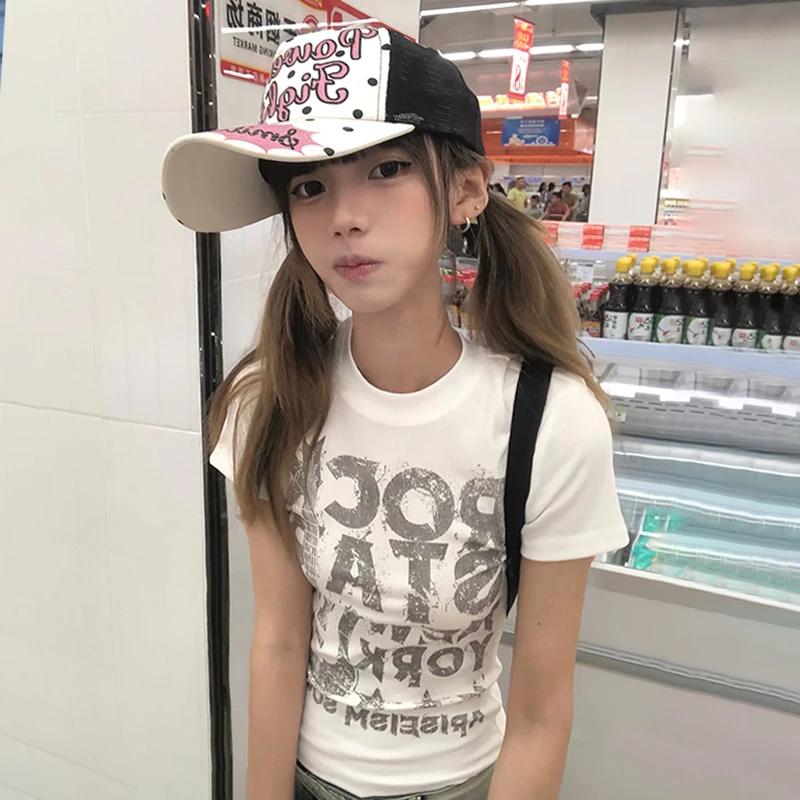 Karrram japonais Y2k lettre impression T-shirt 2000s Style à manches courtes haut court Vintage Hara
