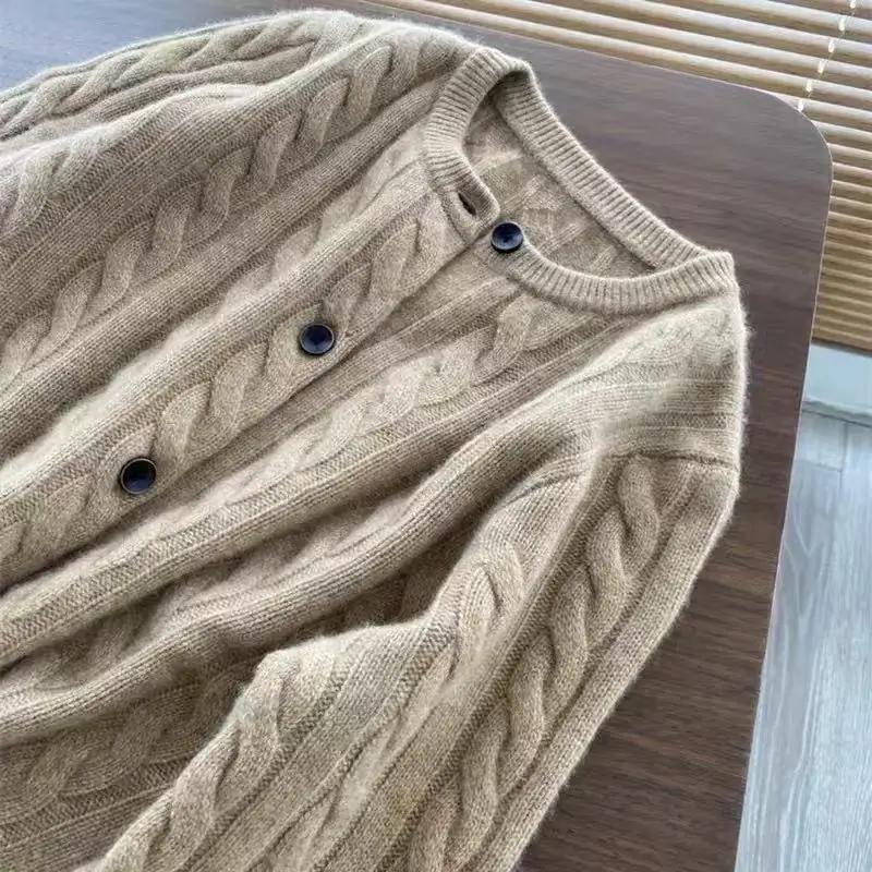WinvyNee femmes laine mérinos Cardigans pull solide col rond torsion décontracté tricoté hauts hiver