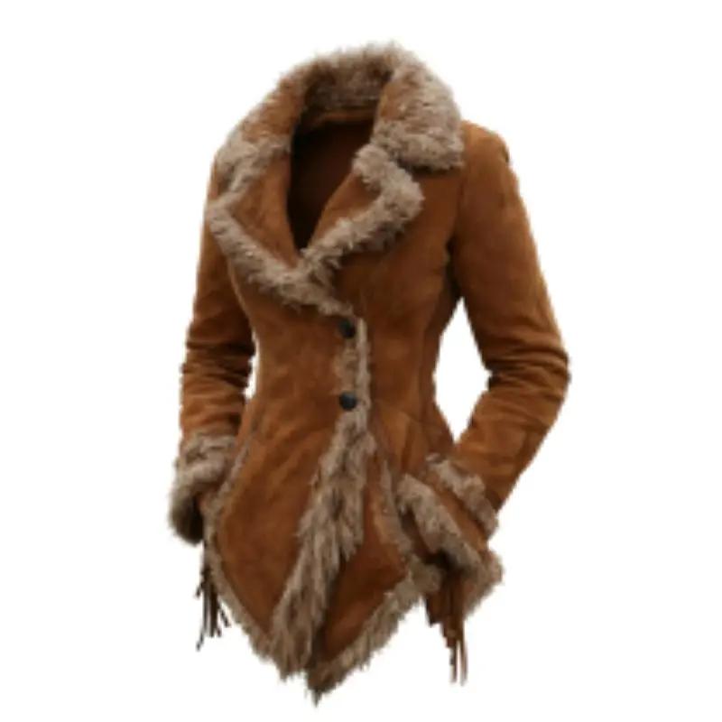 Manteau en daim Vintage pour femmes, manteau à revers avec col en fourrure, manteau de Style mendian