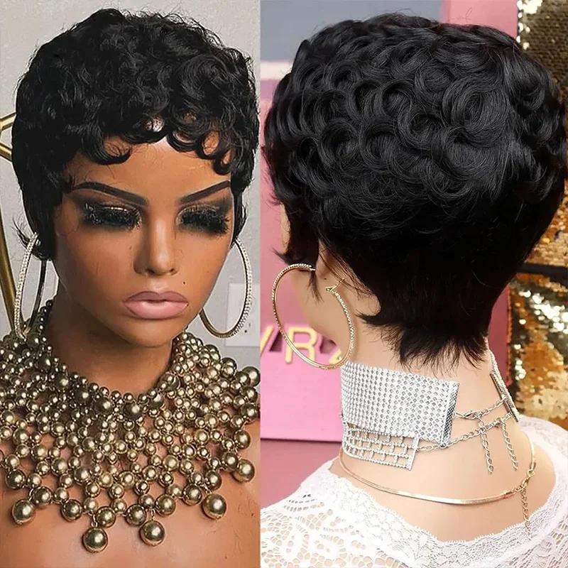 Pas de colle coupe lutin perruque 100 perruques de cheveux humains court rebondissant bouclés coupe