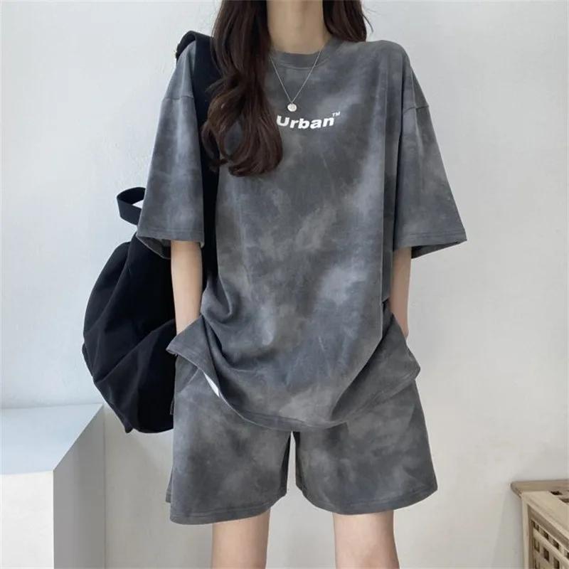 Femmes T-Shirt Shorts costume ensemble décontracté cravate colorant t-shirt ample et jambe large sho