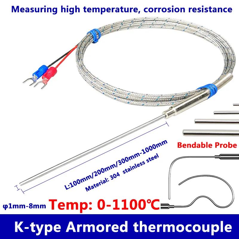 Thermocouple blindé de type K, capteur de température WRNK-191, 1mm 1.5mm 2mm 3mm 4mm 5mm 6mm 8mm, s