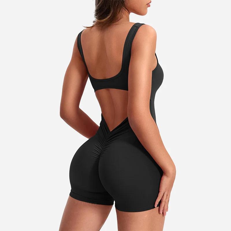 Vêtements de sport pour femmes Yoga solide froncé dos nu sans manches col carré maigre Sexy barboteu