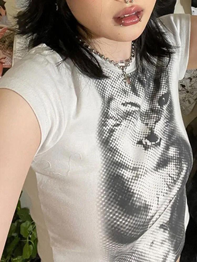Harajuku Animal imprimé haut court basique blanc à manches courtes col rond T-shirt femmes décontrac
