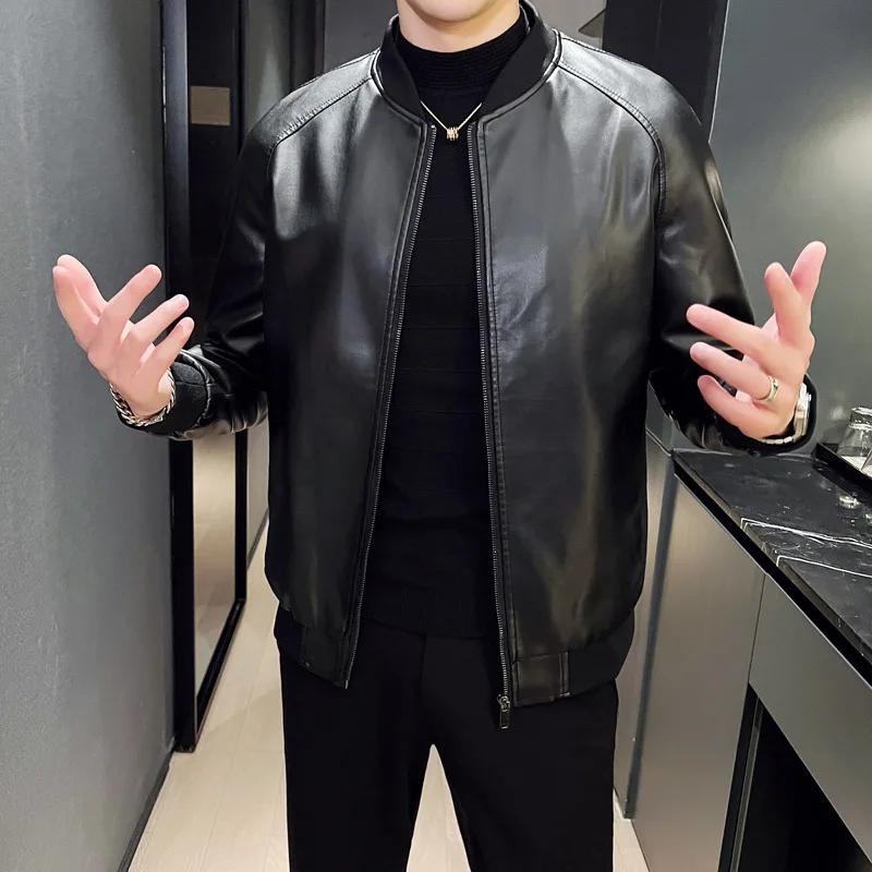Nouvelle veste en similicuir pour homme, style motard, col montant, fermeture éclair, coupe ajustée,