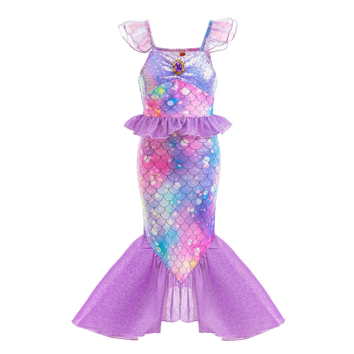 Robes de princesse sirène violettes pour filles, imprimé à motifs de poisson, Costume queue de poiss