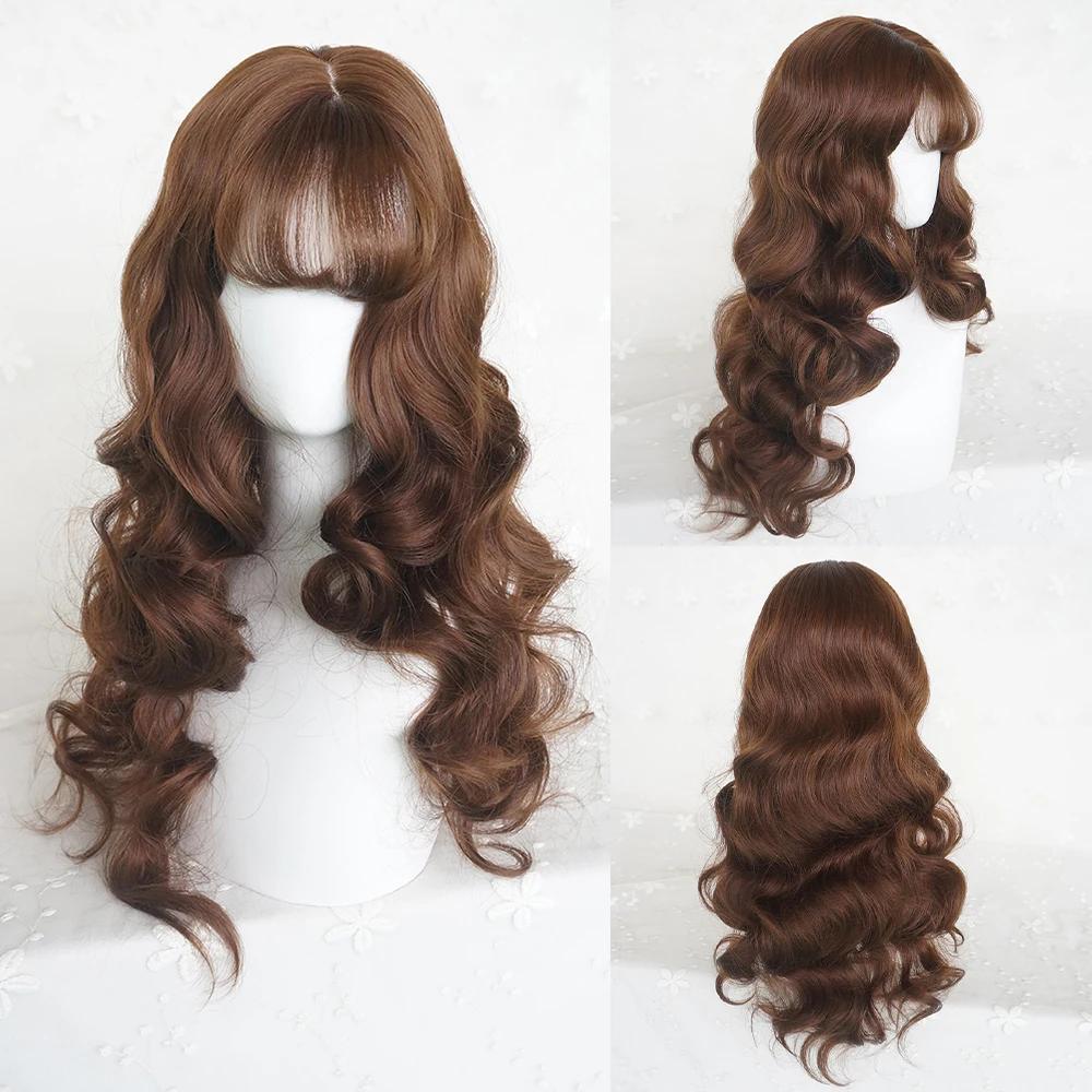 Perruque synthétique longue ondulée marron avec frange pour femmes, perruque de Cosplay Lolita moell