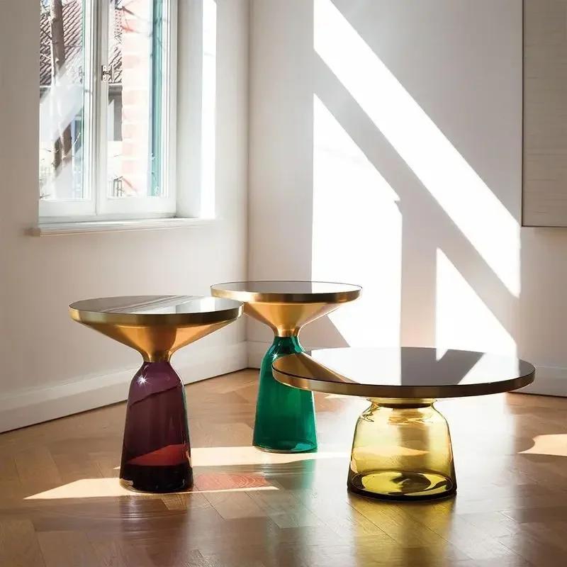 Table Basse Transparente en Verre Coloré pour Salon, Ronde, Haut de Gamme