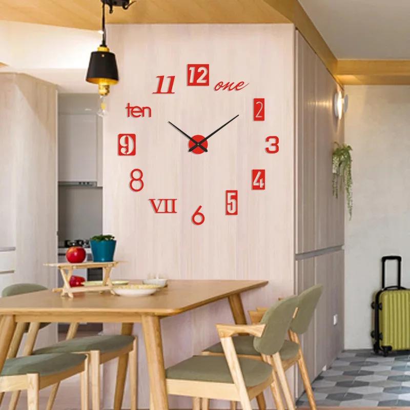 Horloge murale autocollante en chiffres romains, miroir acrylique, horloges à quartz, montre bricola