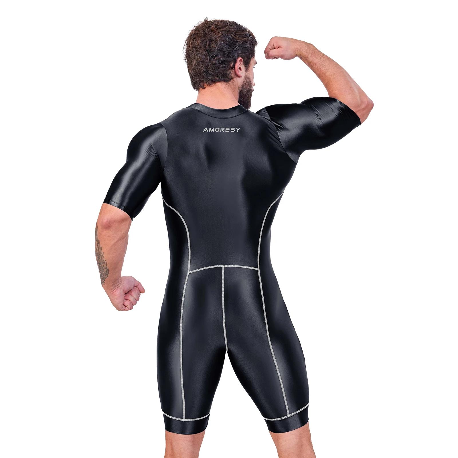 Body homme soie satin brillant AMORESY - Maillot de bain surf yoga vêtement sport recadré combinaison justaucorps