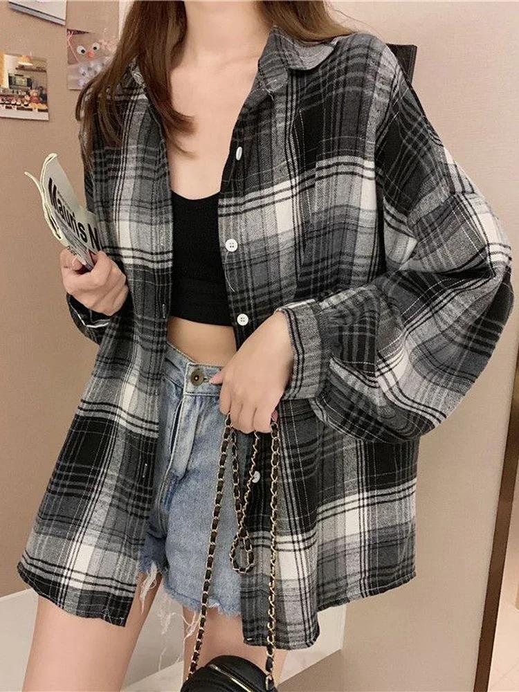 Chemise à carreaux pour femmes, haut à manches longues, Vintage, mode, simple boutonnage, Style Prep
