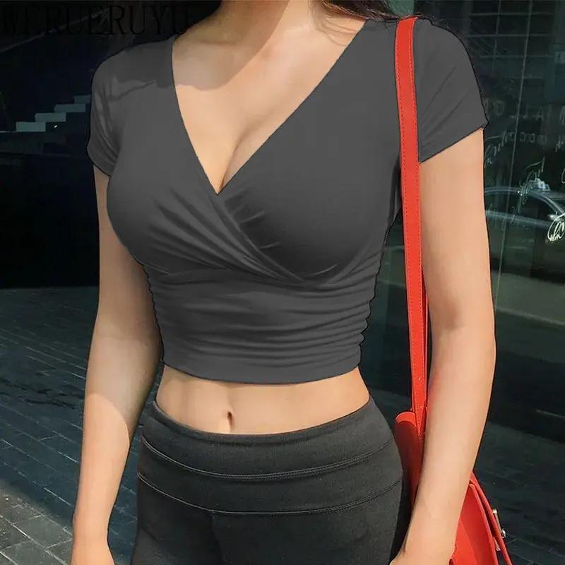 T-shirt manches courtes col en v pour femmes, noir, Sexy, Y2k, haut court, vêtements Streetwear, mod