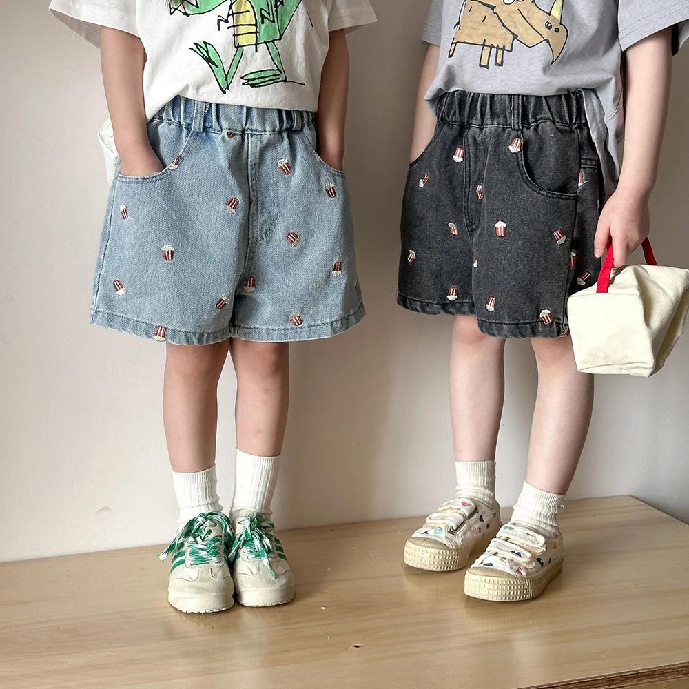 Shorts en jean d'été 2026 pour enfants (80-150 cm) – Broderie Popcorn, taille élastique, décontracté