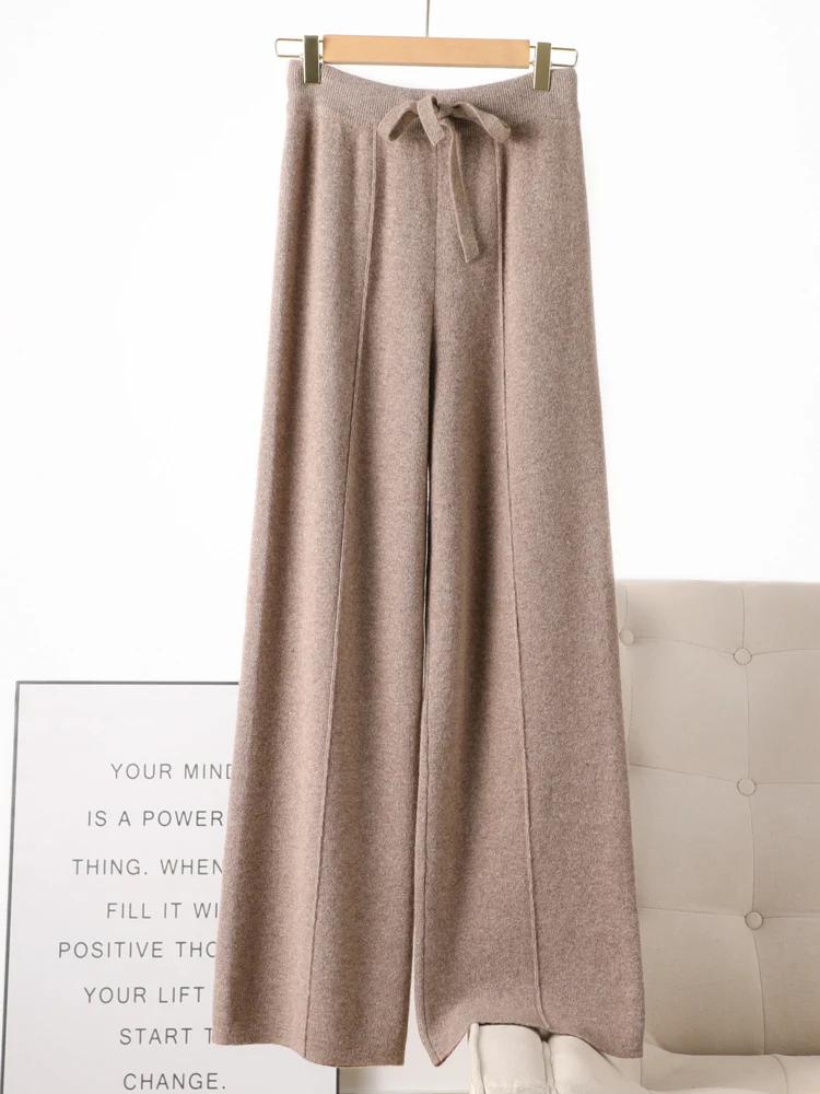 Pantalon tricoté en laine mérinos pour femme, jambes larges, basique, doux et chaud, en cachemire, d