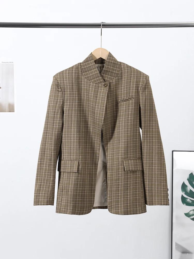 Blazer à carreaux pour femme, col montant, manches longues, bouton unique, poches, veste de bureau d