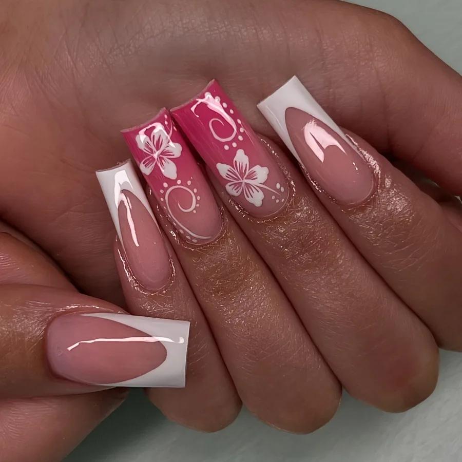 24 pièces fée fleur blanche faux ongles rose pointe française presse sur ongles court carré portable