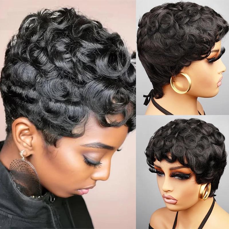 Pas de colle coupe lutin perruque 100 perruques de cheveux humains court rebondissant bouclés coupe