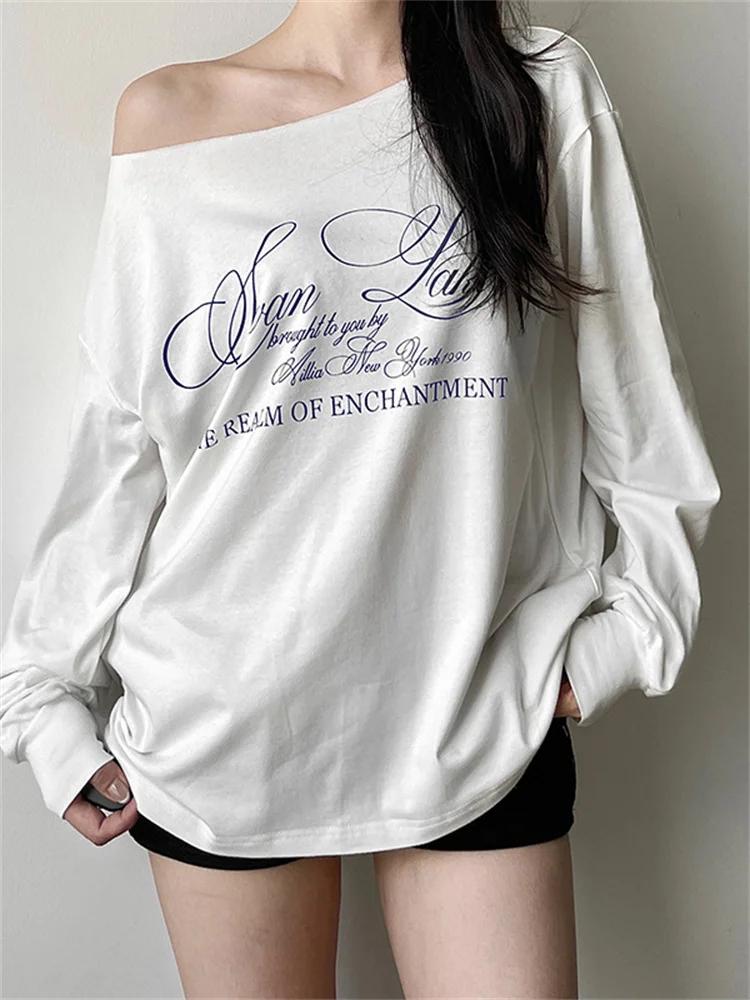 Sisterlinda quotidien Style polyvalent T-Shirts femmes lettre impression épaule inclinée manches lon