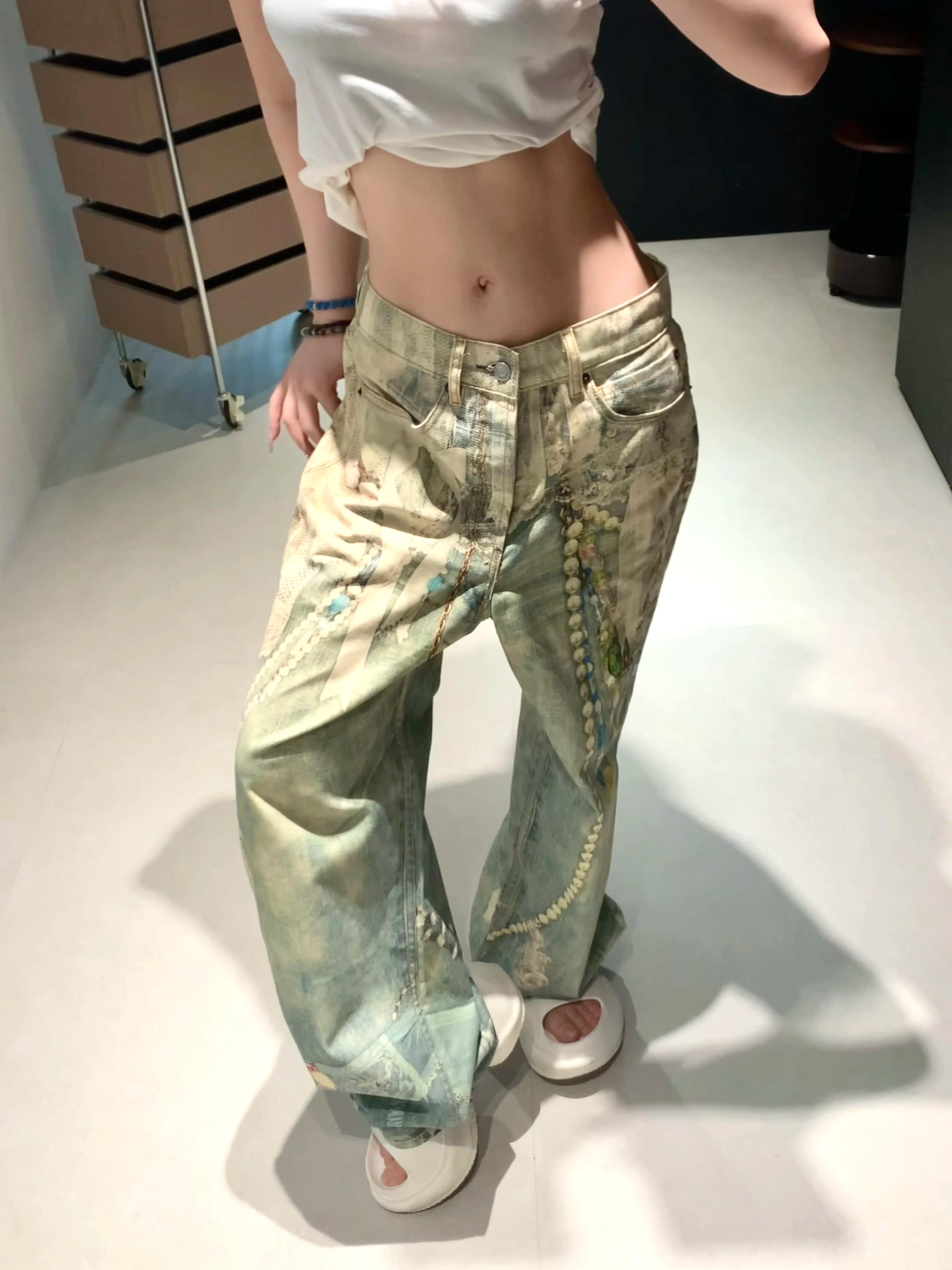 25SS dentelle perle chaîne trompe l'oeil 3D imprimé 1981 jambe droite jean pour hommes et femmes rop