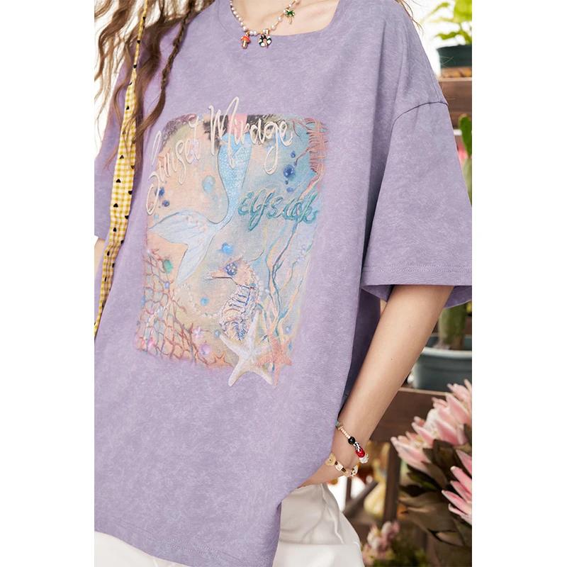 ELFSACK T-shirt surdimensionné à imprimé sirène pour femme, tee-shirt violet délavé vintage avec mot