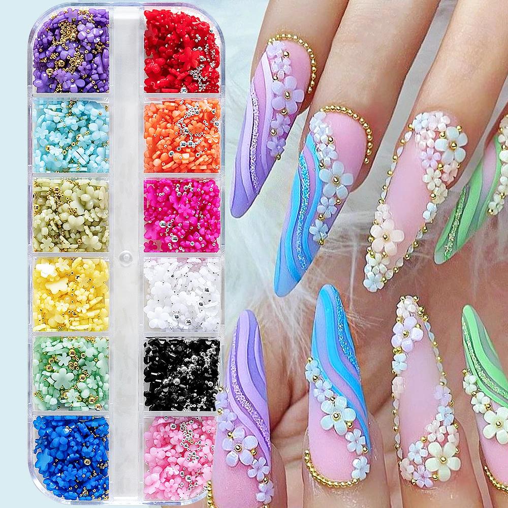 Breloques pour ongles en acrylique 3D, 12 grilles (avec perles en acier), fleurs colorées à cinq pét