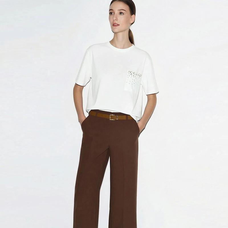 T-shirt Amii pour femme, nouvelle collection été 2026, col rond, en coton extensible, avec poche orn