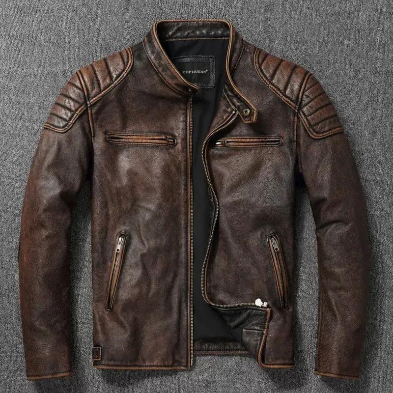 Vintage noir marron véritable peau de vache veste en cuir véritable fourrure hommes veste en cuir Bo