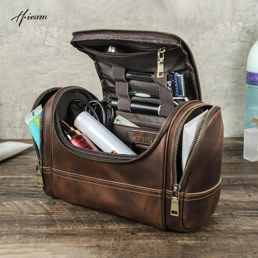 Hommes en cuir véritable voyage affaires toilette rasage sac femmes rétro cosmétique lavage douche o