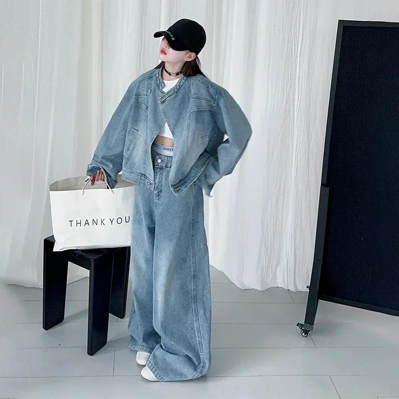 Ensemble de vêtements en Denim pour adolescentes, veste bleue + jean à jambes larges, 2 pièces, tenu