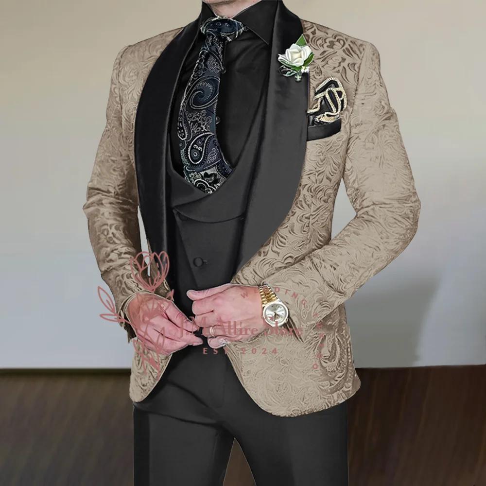 Costume jacquard gris argenté pour hommes, ensemble 3 pièces, veste en satin noir, gilet, pantalon,