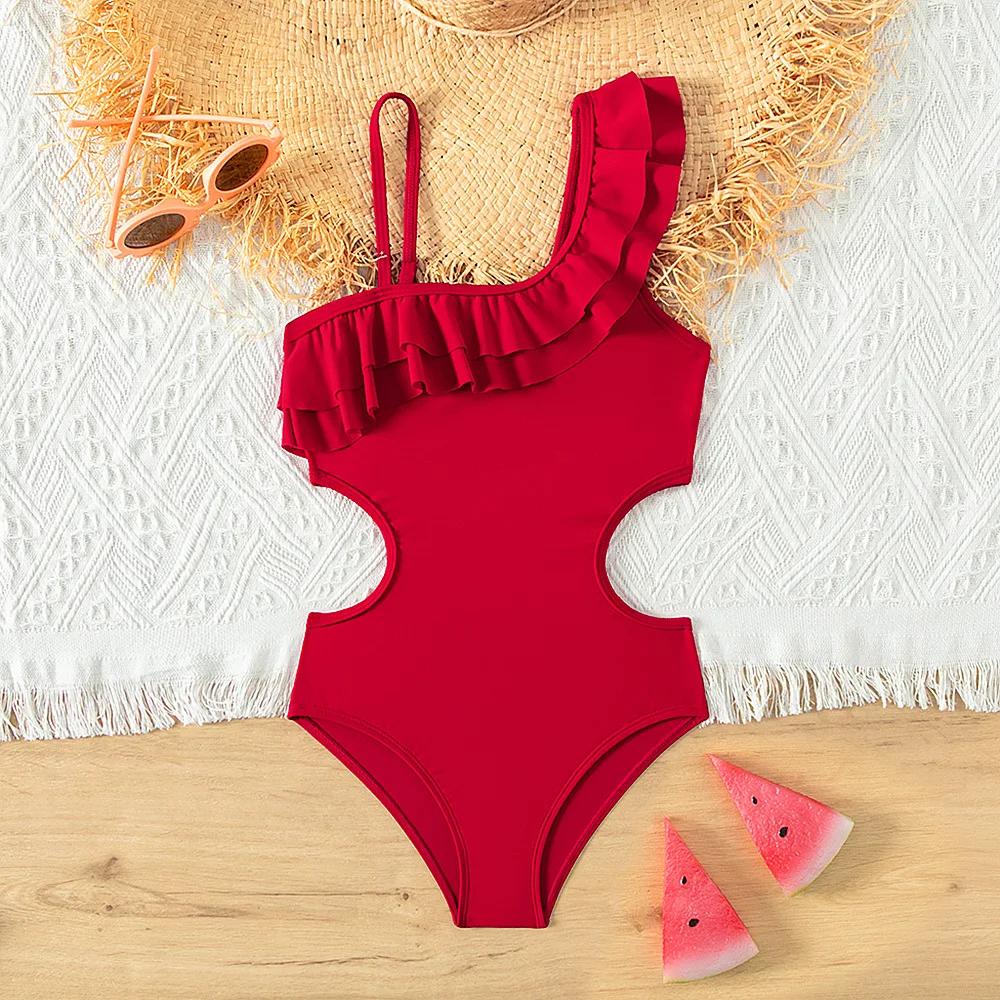 Maillot de bain une pièce rouge rétro à volants pour adolescentes 5-14 ans - Vêtement plage été