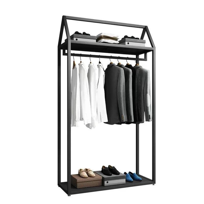 Étagère de présentation pour magasin de vêtements pour hommes, noire, double niveau, sur pied, pour