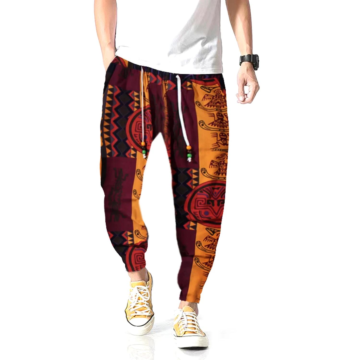 Pantalon léger en mélange de coton et de lin pour hommes, décontracté, avec cordon de serrage, impri