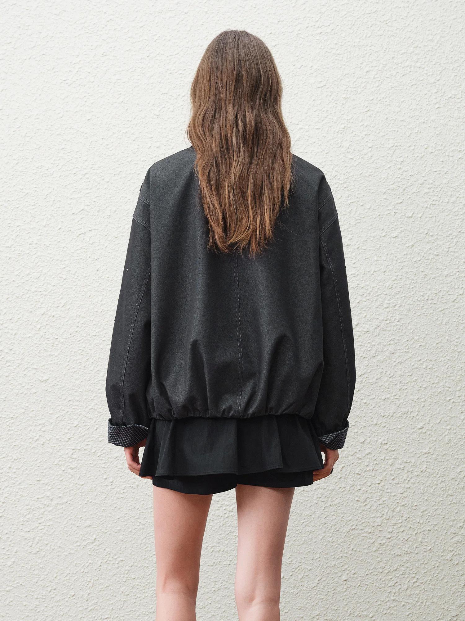 FSLE 【Série Premium】 2026 Manteau pour femme perlé à col en cuir, à manches longues, coupe ample, de