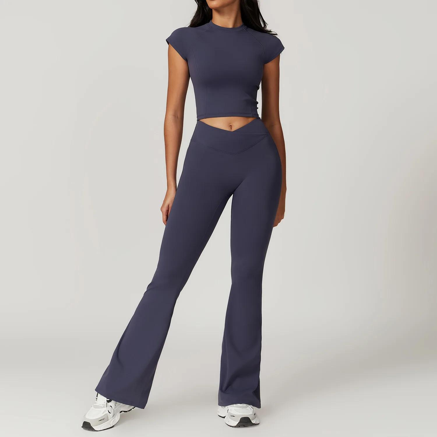 Ensemble yoga 2 pièces pour femmes - Haut court manches courtes et leggings fitness sport gym