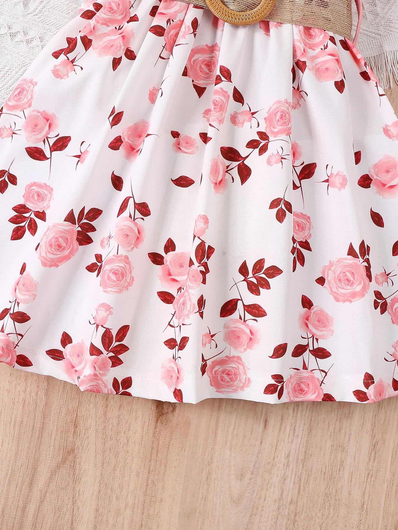 Robe décontractée à imprimé floral romantique pour fille, avec bords à volants et petites manches vo