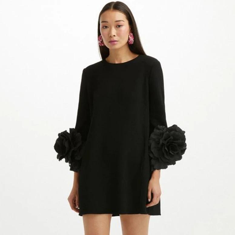 Robe en Satin à col rond pour femmes, manches longues, robe droite à fleurs, mini-robe à roses noire