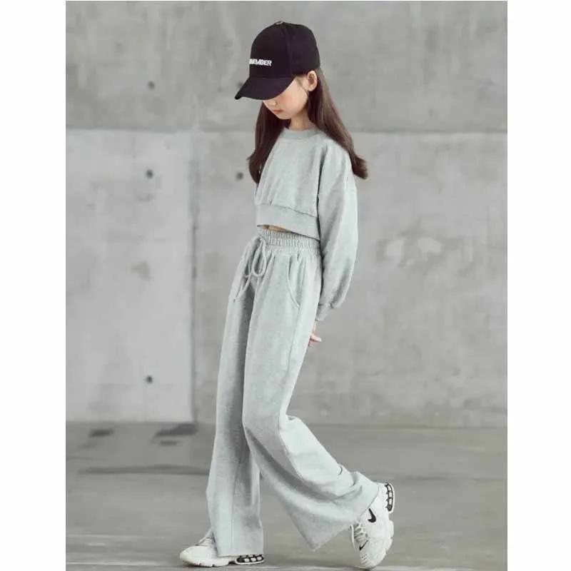 Ensemble de couleur unie pour filles, pull court à manches longues et pantalon, 2 pièces, nouvelle m