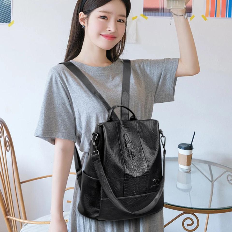 Sac à dos en cuir à motif crocodile pour femmes, sacs d'école pour filles, sac à dos de grande capac