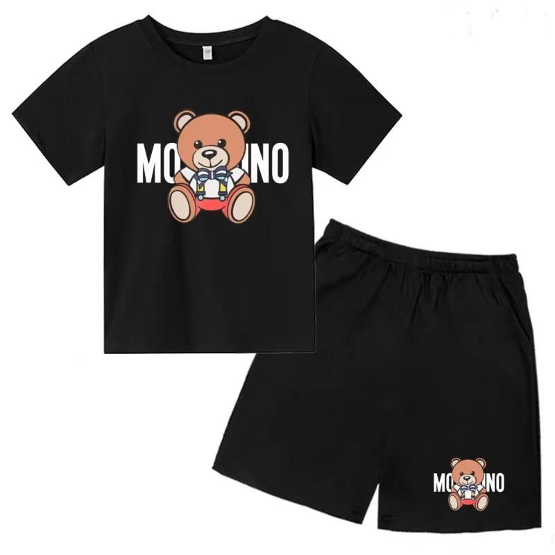 T-shirt d'été à col rond pour enfants, ensemble deux pièces avec imprimé ours Kawaii pour filles et