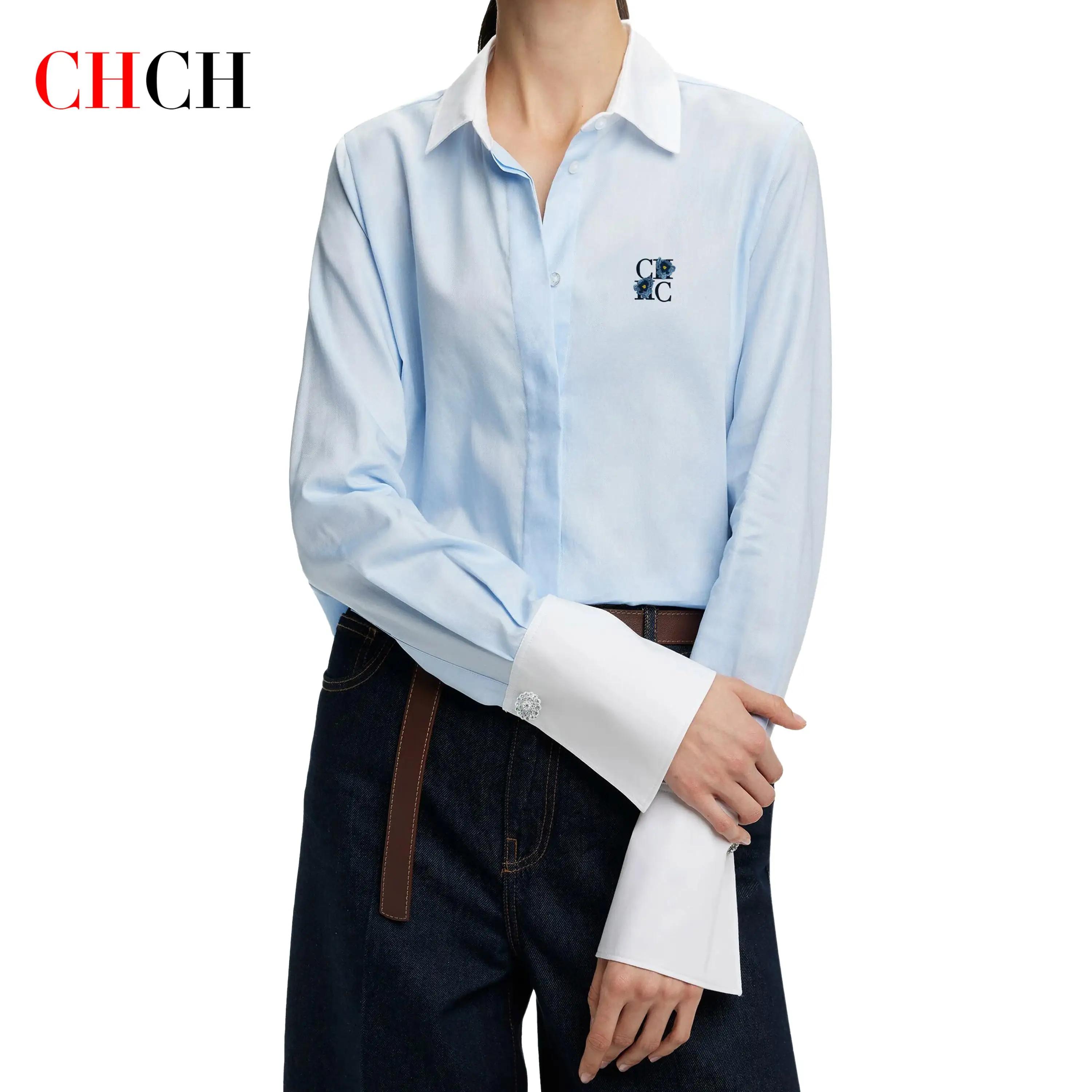 Chemise Simple pour femmes, Design d'épissure, broderie de fleurs, élégante et polyvalente, hauts ra