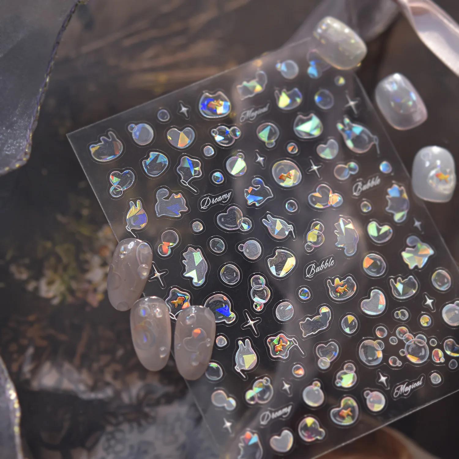 Autocollants de décoration d'ongles à bulles souffantes brillantes, coquille 5D légère, amour chat,