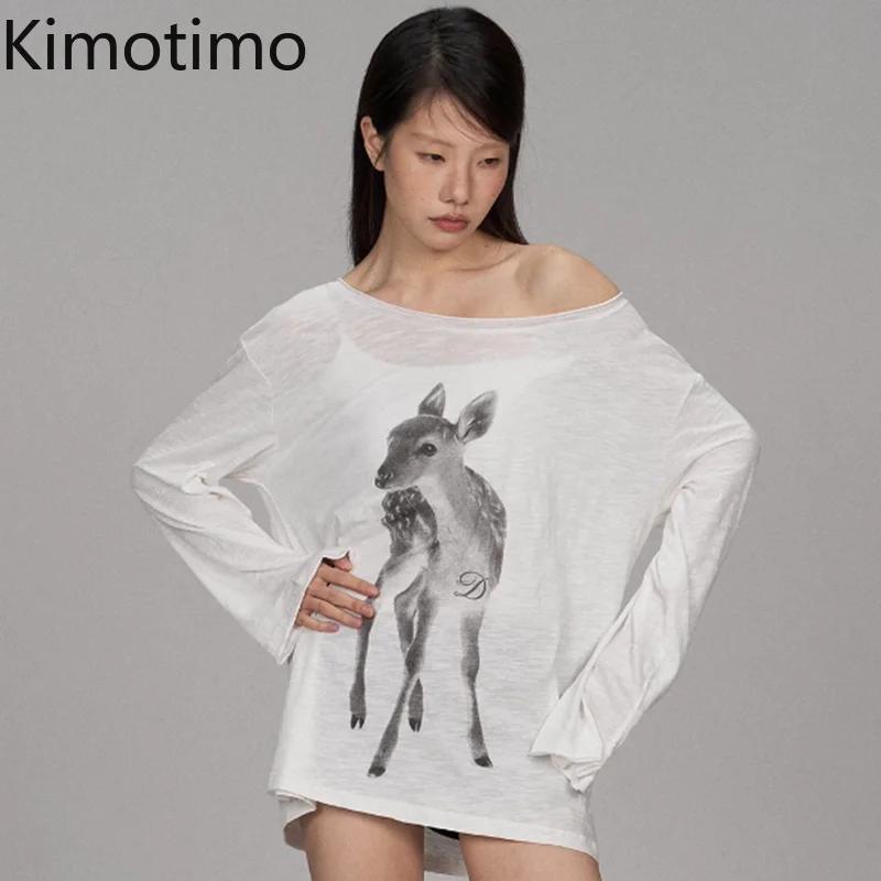 Kimotimo T-shirt Femme Été Imprimé Épaules Dénudées Manches Longues 2026 Nouveau Décontracté Transpa