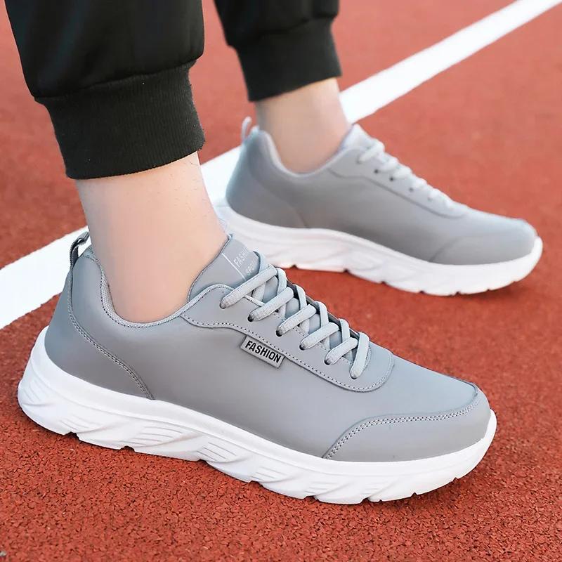 Chaussures de course légères larges en cuir noir pour homme - Baskets plates confort décontracté