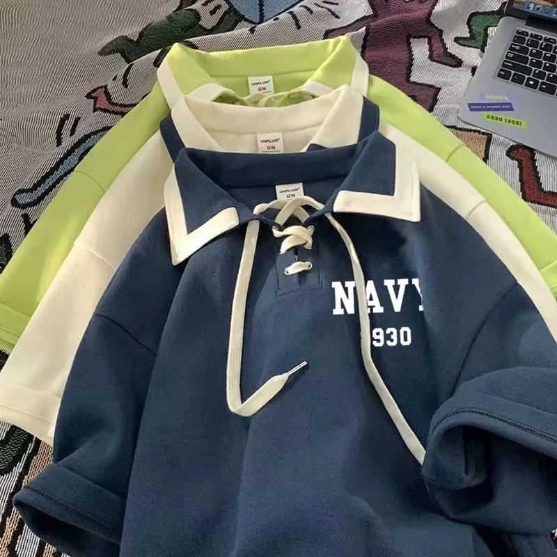 T-shirt à manches courtes pour femme, lettre de la marine imprimée, revers simple, style collège, co