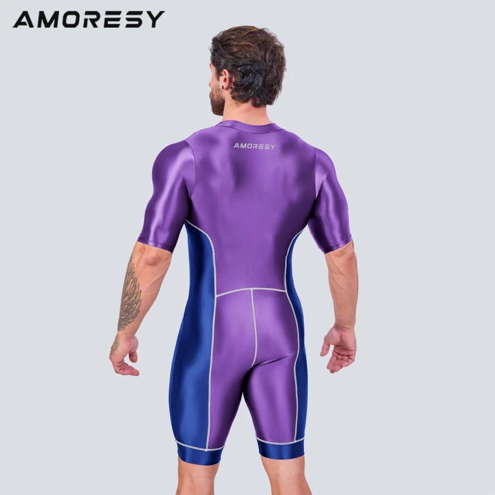 AMORESY-Combinaison de sport en satin brillant pour homme, survêtement de course, de cyclisme, de fi